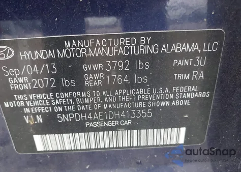 2013 Hyundai Elantra Gls from USA, damaged, VIN 5NPDH4AE1DH413355